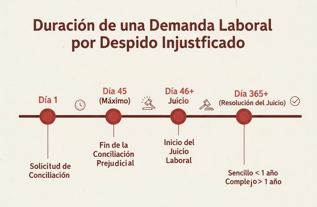 Infografía que muestra la línea del tiempo de cuánto dura una demanda laboral por despido injustificado