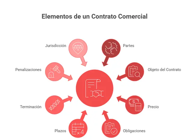 Infografía con los elementos de los contratos comerciales