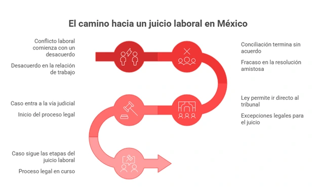 Infografía del proceso que lleva a un juicio laboral en México desde el conflicto laboral hasta la vía judicial y las etapas del proceso legal