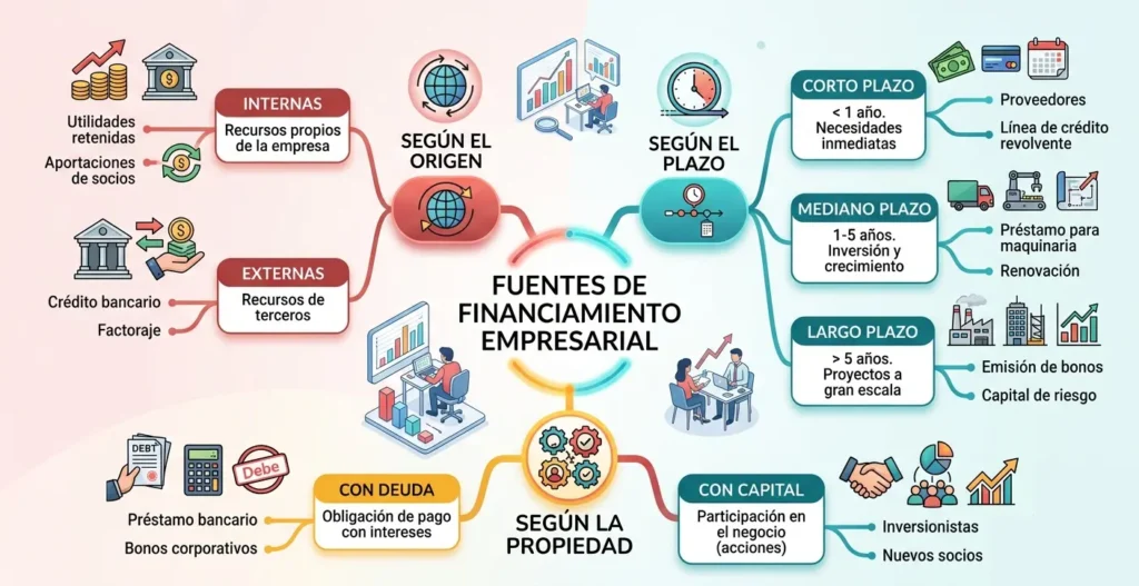 Tipos de fuentes de financiamiento de una empresa según origen, plazo y propiedad